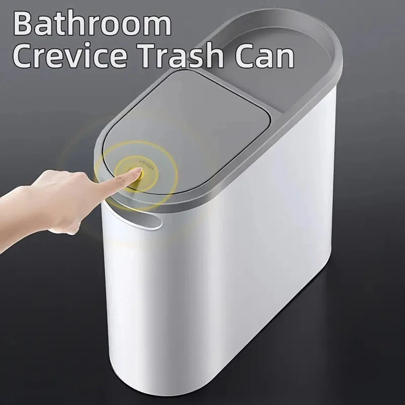 Slim Plastic Trash Bin – Press-Top Lid, Space-Saving for Bathroom, Kitchen & Living Room