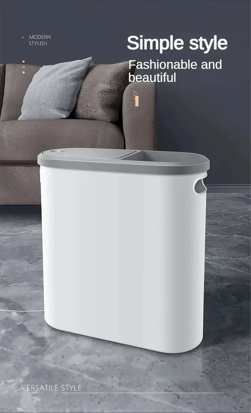 Slim Plastic Trash Bin – Press-Top Lid, Space-Saving for Bathroom, Kitchen & Living Room
