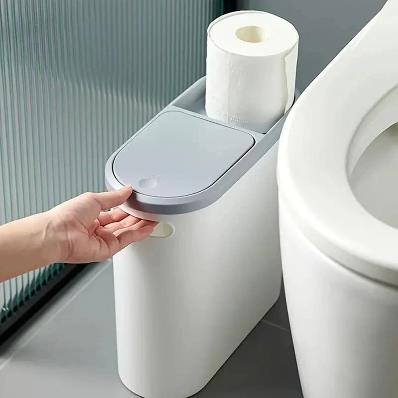 Slim Plastic Trash Bin – Press-Top Lid, Space-Saving for Bathroom, Kitchen & Living Room
