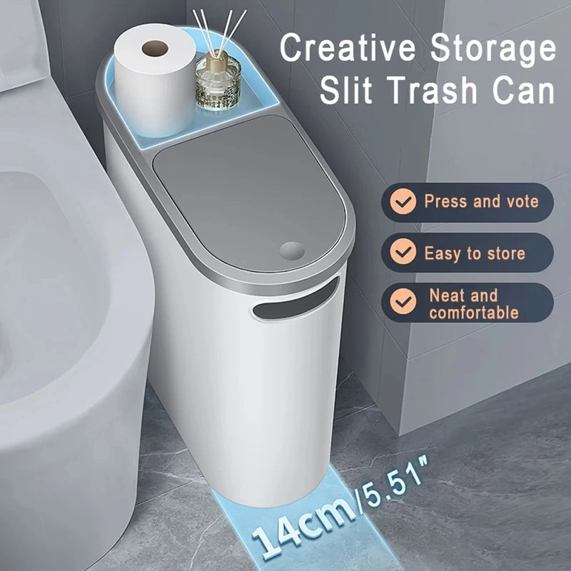 Slim Plastic Trash Bin – Press-Top Lid, Space-Saving for Bathroom, Kitchen & Living Room