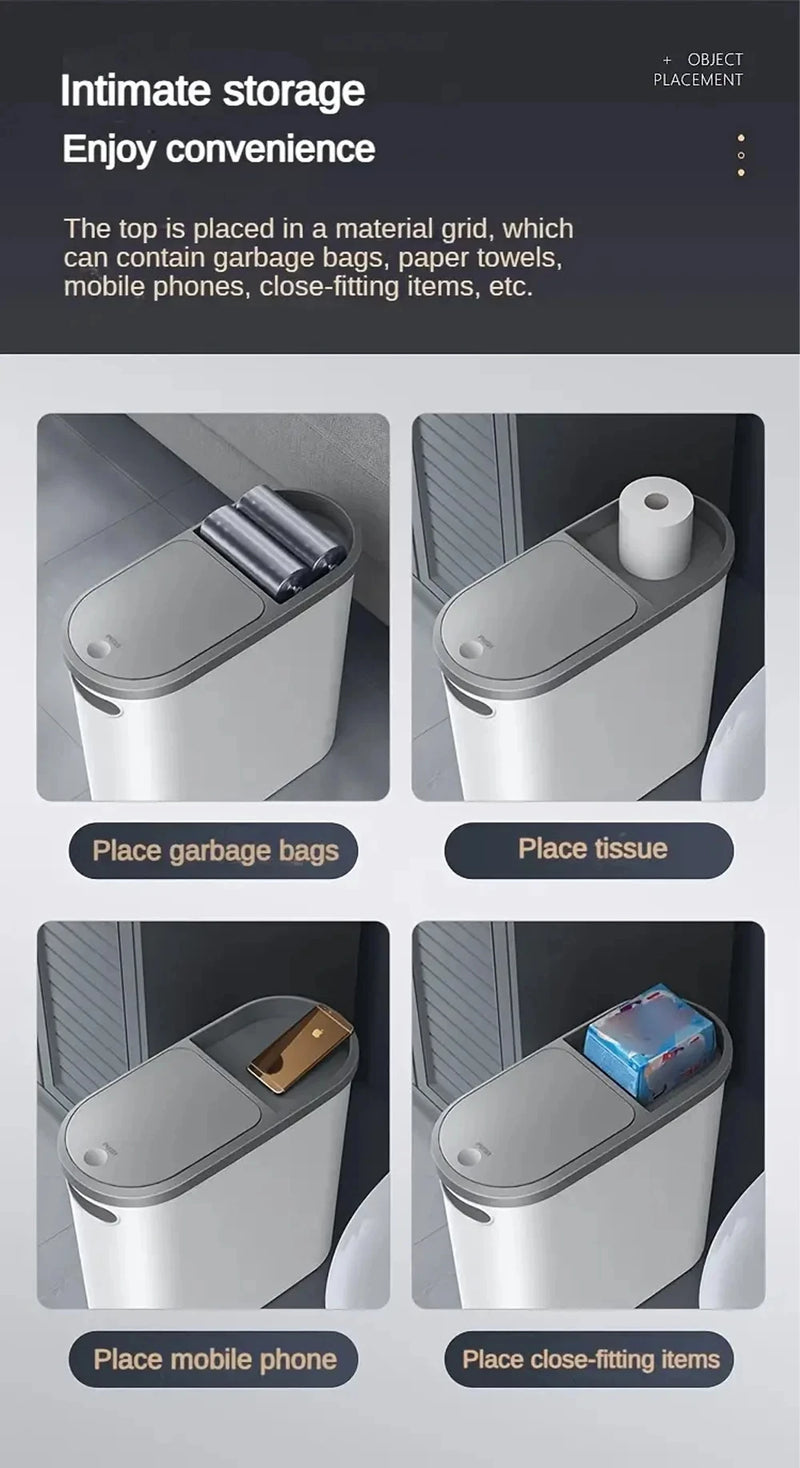 Slim Plastic Trash Bin – Press-Top Lid, Space-Saving for Bathroom, Kitchen & Living Room