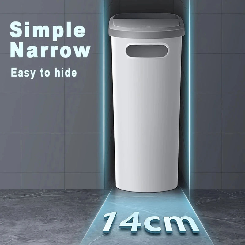 Slim Plastic Trash Bin – Press-Top Lid, Space-Saving for Bathroom, Kitchen & Living Room