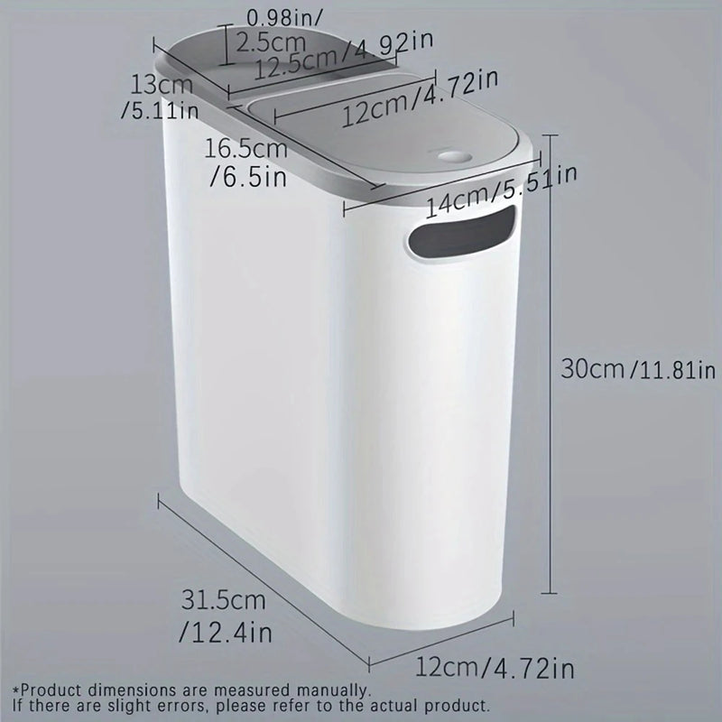 Slim Plastic Trash Bin – Press-Top Lid, Space-Saving for Bathroom, Kitchen & Living Room