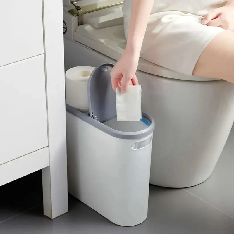 Slim Plastic Trash Bin – Press-Top Lid, Space-Saving for Bathroom, Kitchen & Living Room