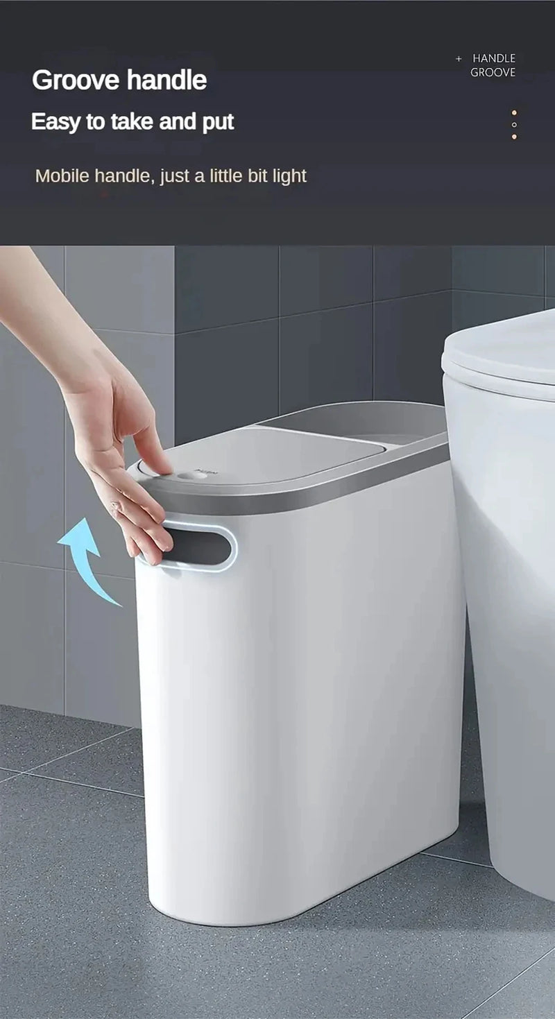 Slim Plastic Trash Bin – Press-Top Lid, Space-Saving for Bathroom, Kitchen & Living Room