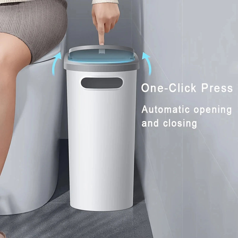 Slim Plastic Trash Bin – Press-Top Lid, Space-Saving for Bathroom, Kitchen & Living Room